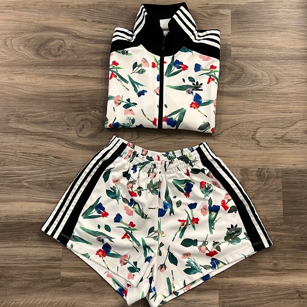 Adidas all over print track jacket and matching shorts